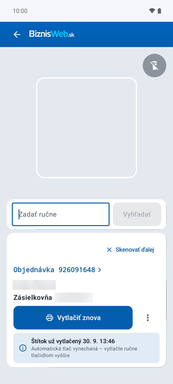 Skener kamerou s nájdenou objednávkou (plocha náhľadu kamery je na snímke nahradená neutrálnou farbou)