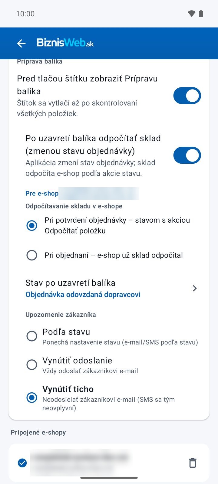 Nastavenie: Príprava balíka, odpočet skladu a stav po uzavretí