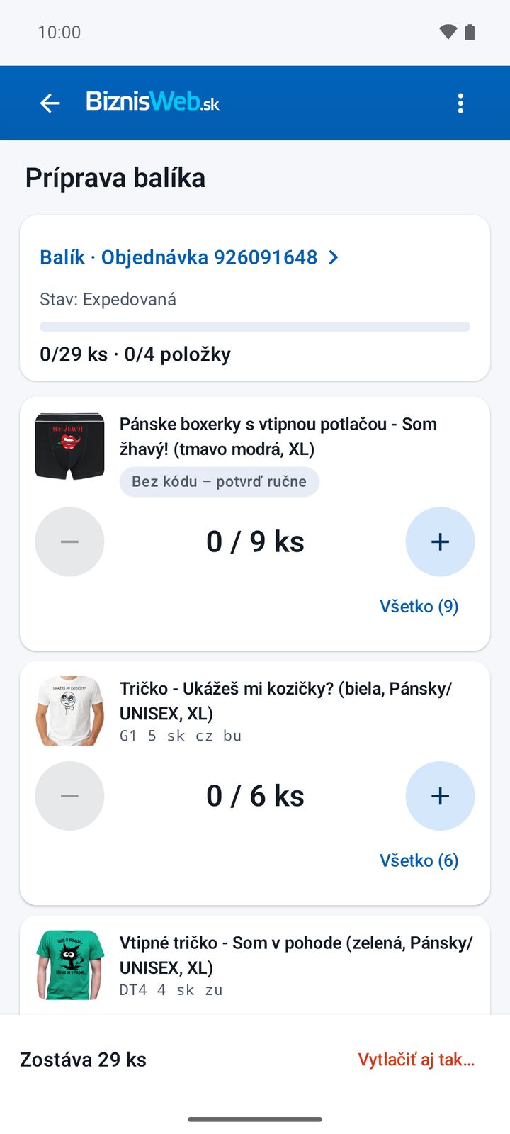 Začiatok balenia – 0 z 29 kusov