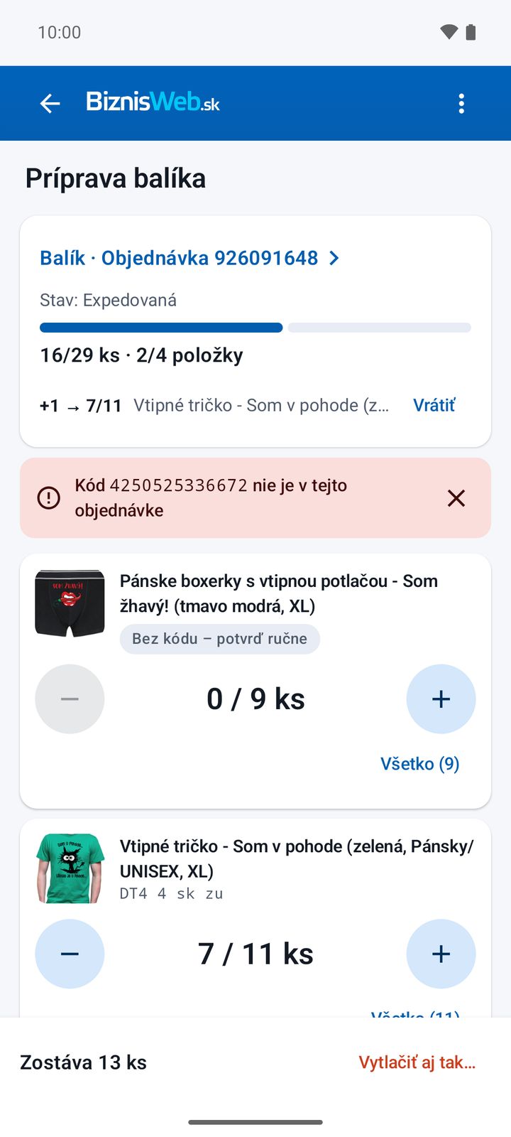 Nesprávny produkt – kód nie je v objednávke
