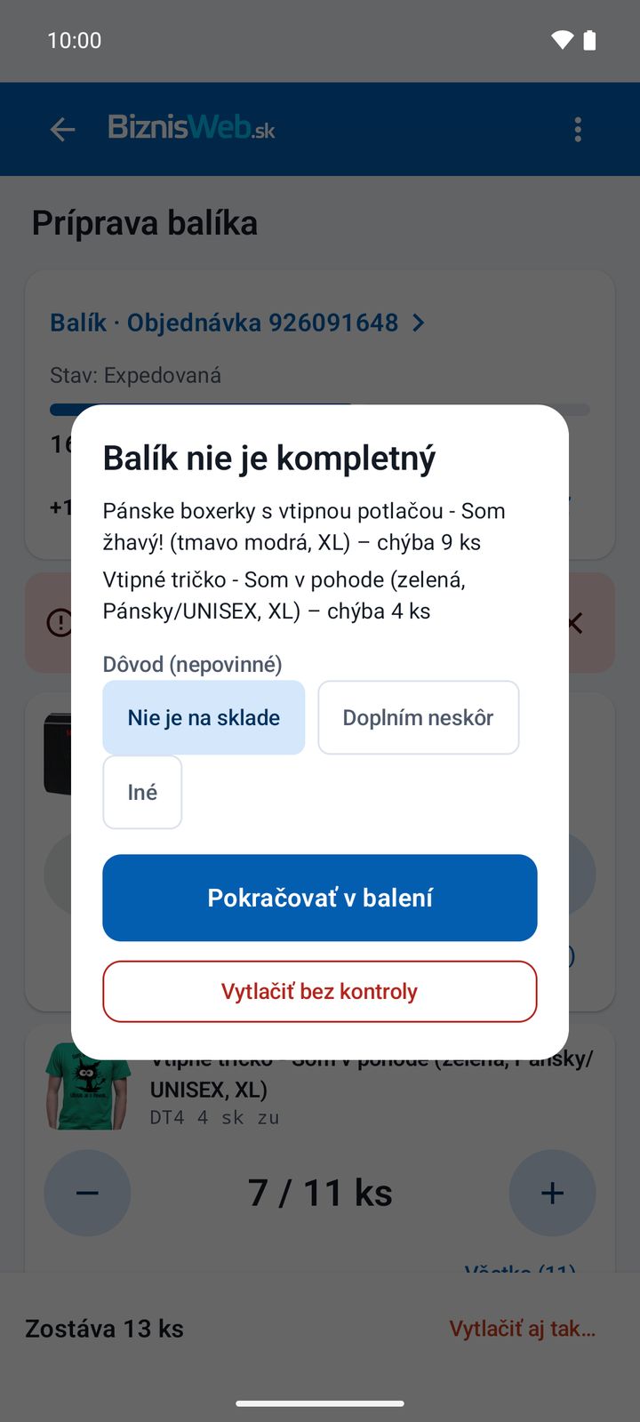 Nekompletný balík – potvrdenie s dôvodom