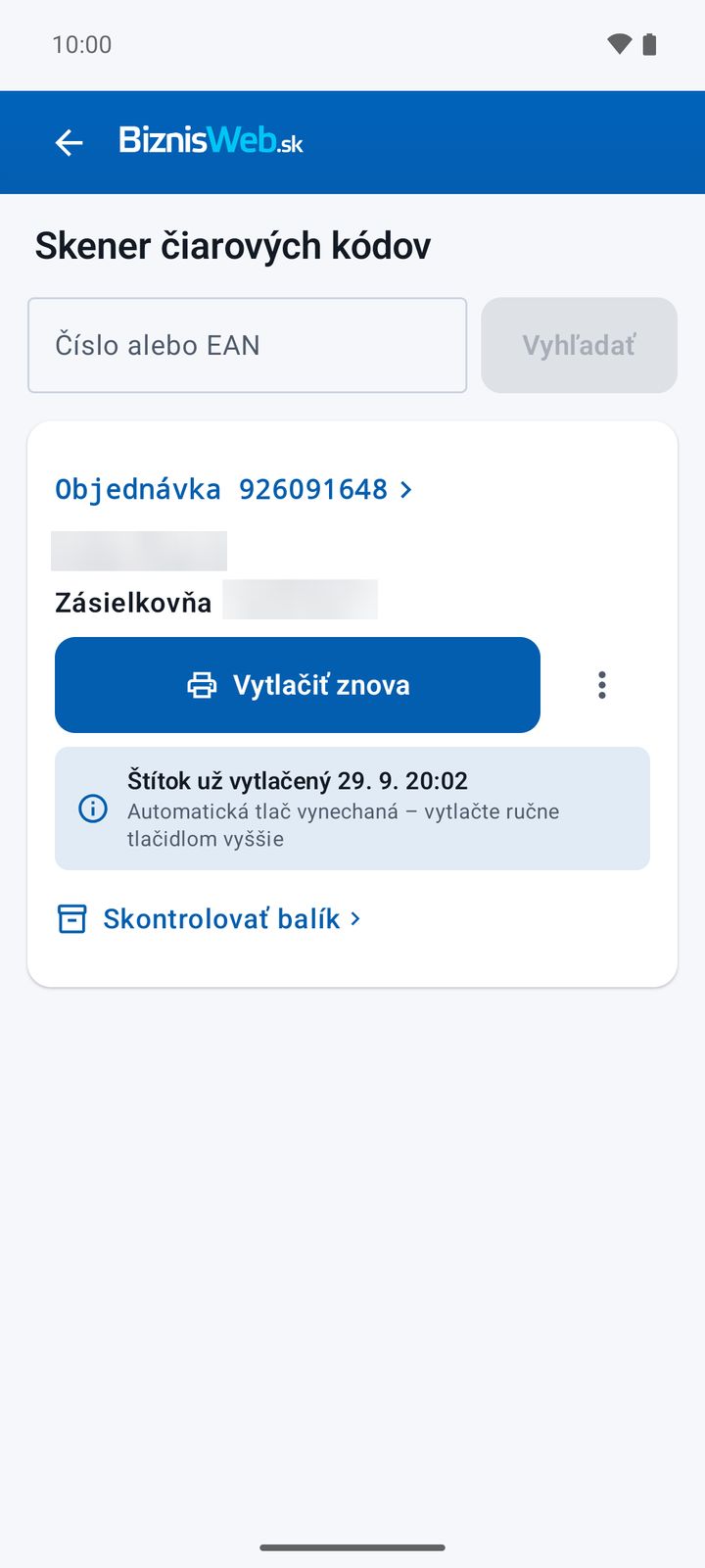 Opätovný sken objednávky – odkaz na kontrolu balíka