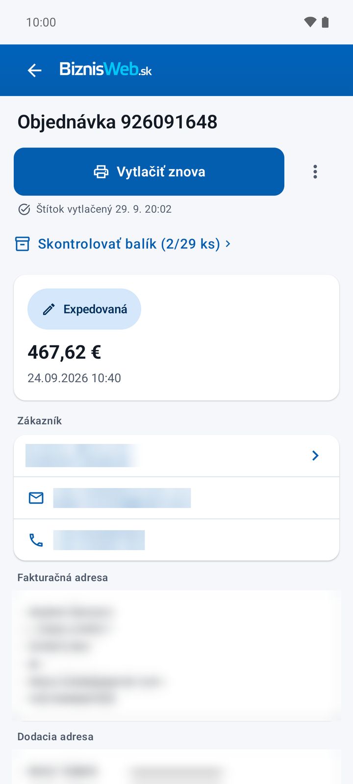 Detail objednávky s odkazom „Skontrolovať balík“