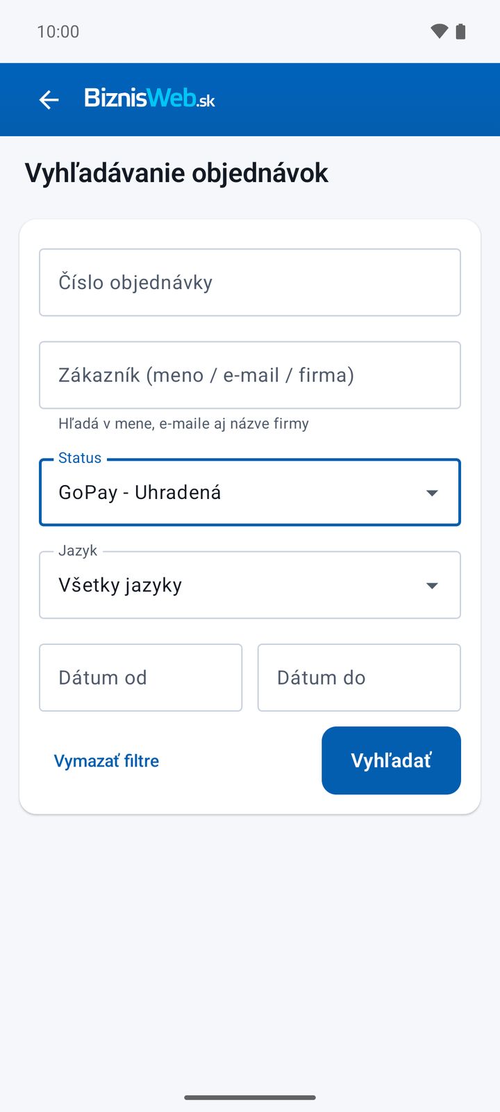 Filter objednávok podľa stavu