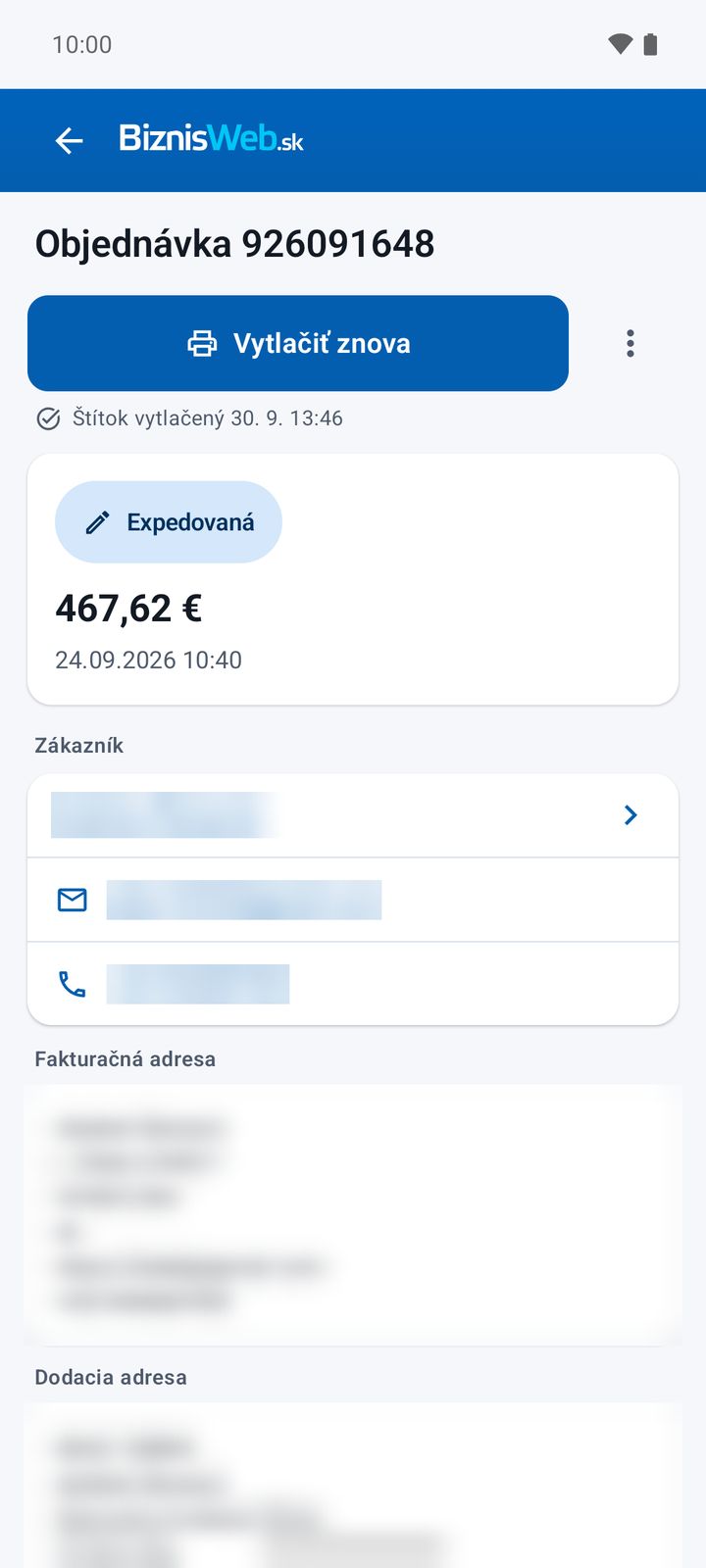 Detail objednávky – štítok, stav, zákazník a adresy