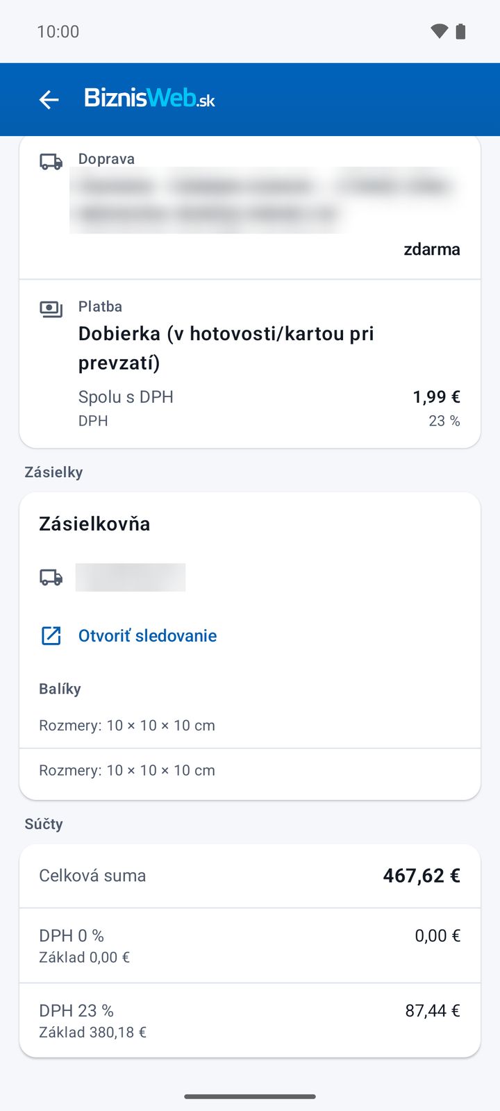 Doprava, platba, zásielka a súčty