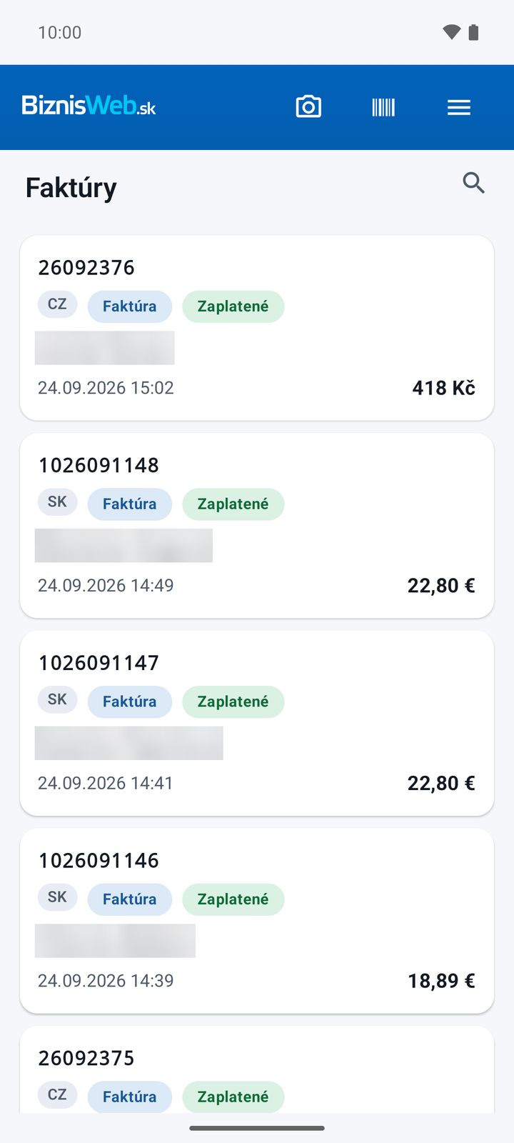 Zoznam faktúr so stavom úhrady