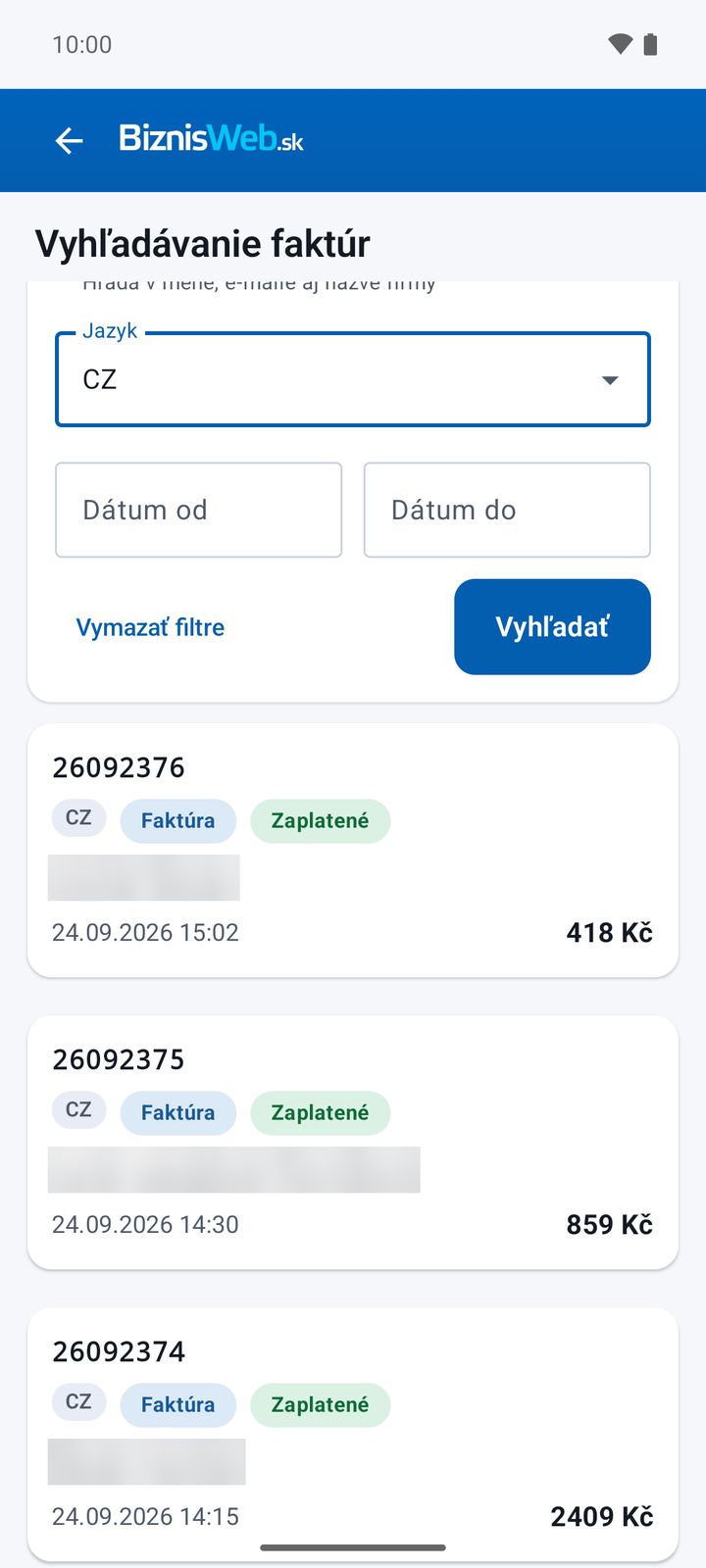 Vyhľadávanie faktúr – filter podľa jazyka