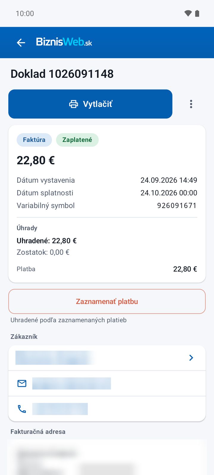 Detail faktúry – úhrady a stav