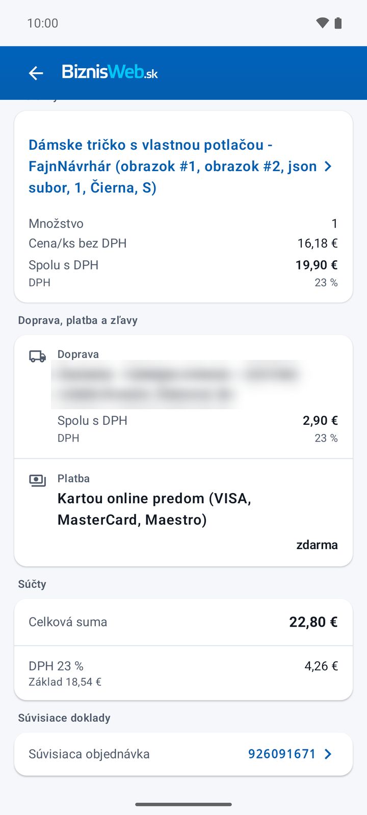 Položky, doprava a súčty faktúry