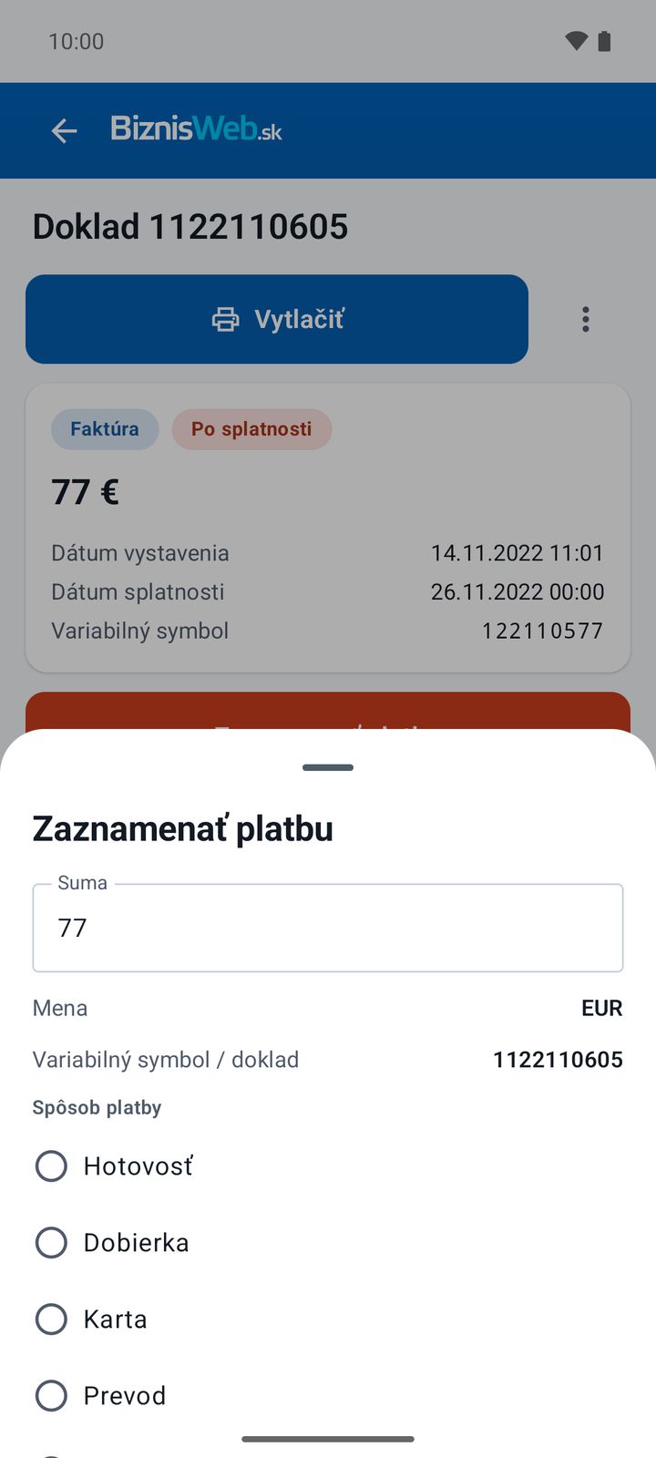 Zaznamenanie platby k faktúre