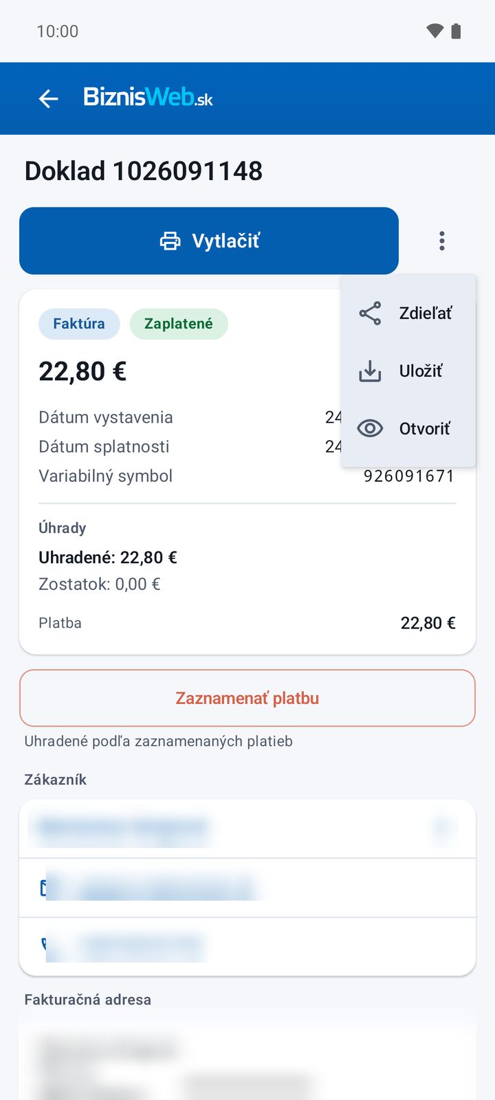 Tlač a ponuka Zdieľať / Uložiť / Otvoriť