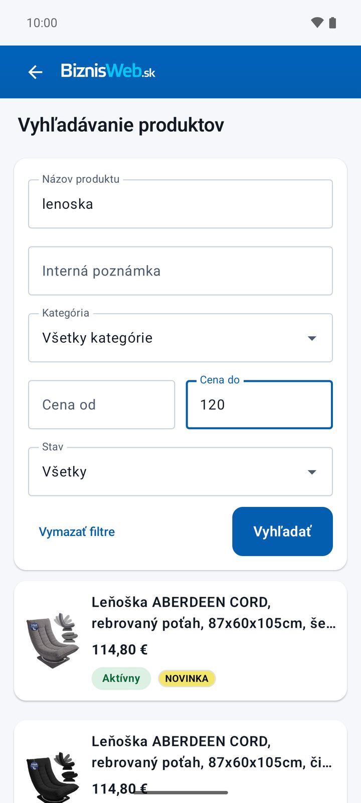 Vyhľadávanie produktov podľa názvu a ceny