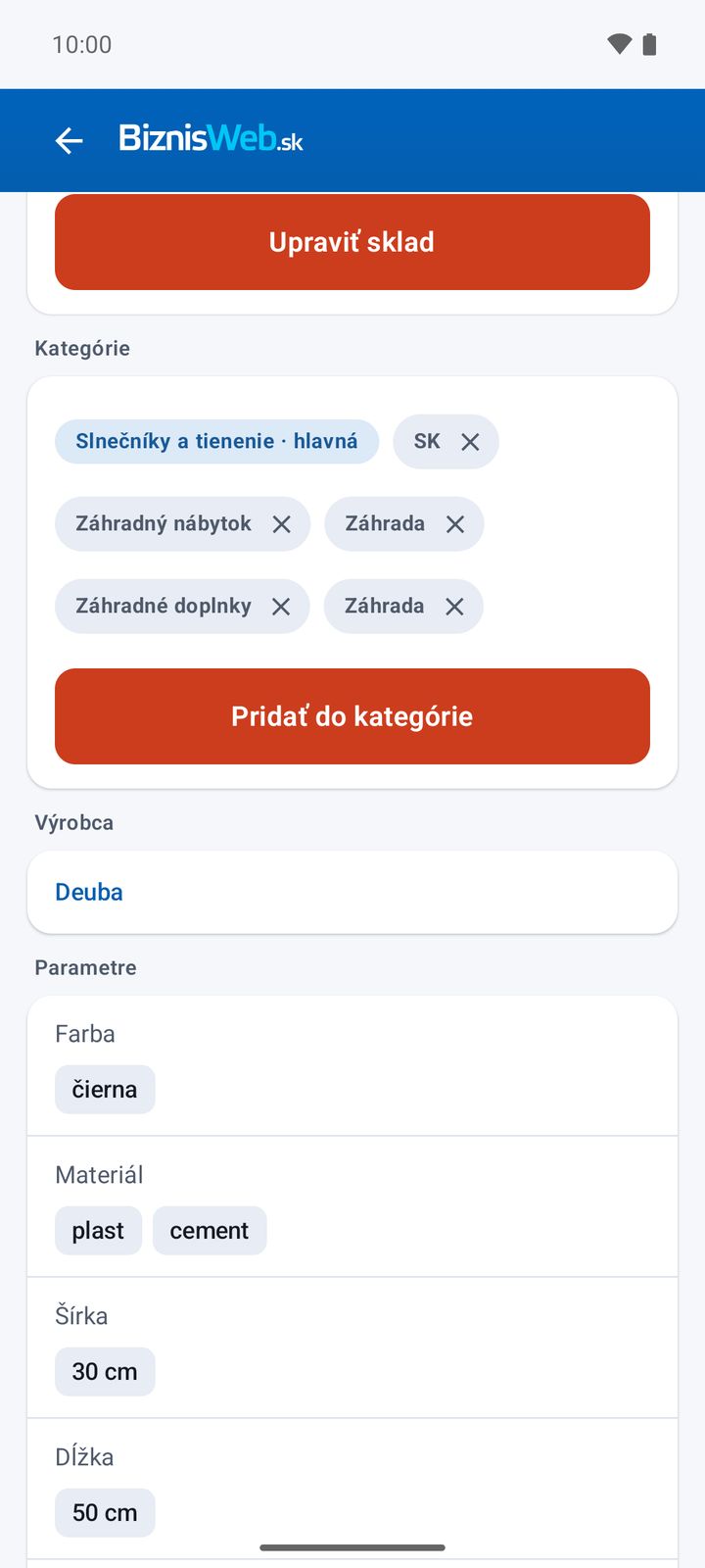 Kategórie, výrobca a parametre