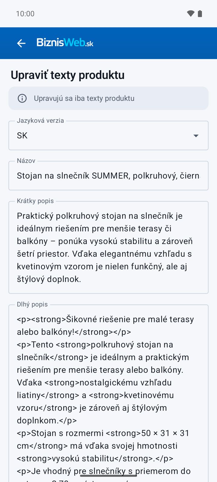 Úprava textov produktu