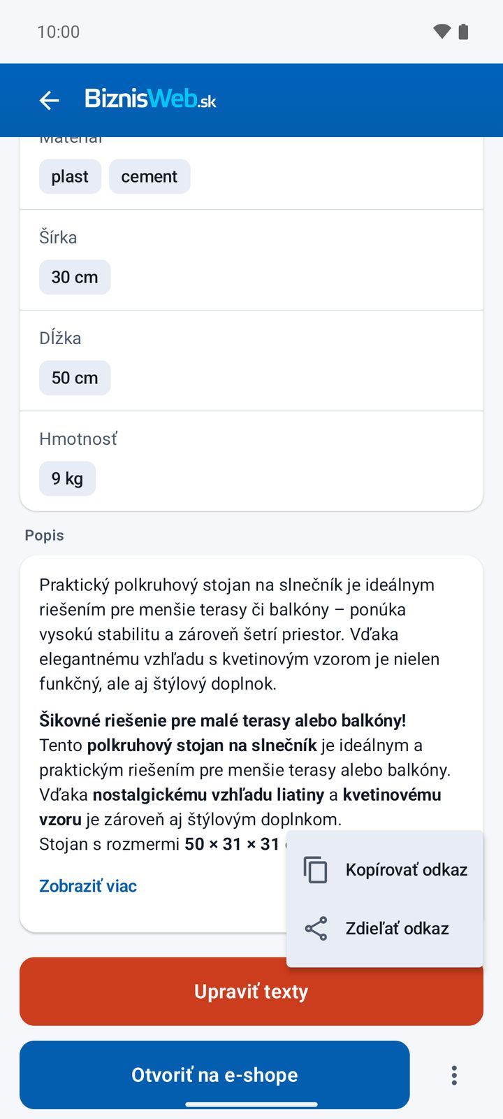 Kopírovať alebo zdieľať odkaz na produkt