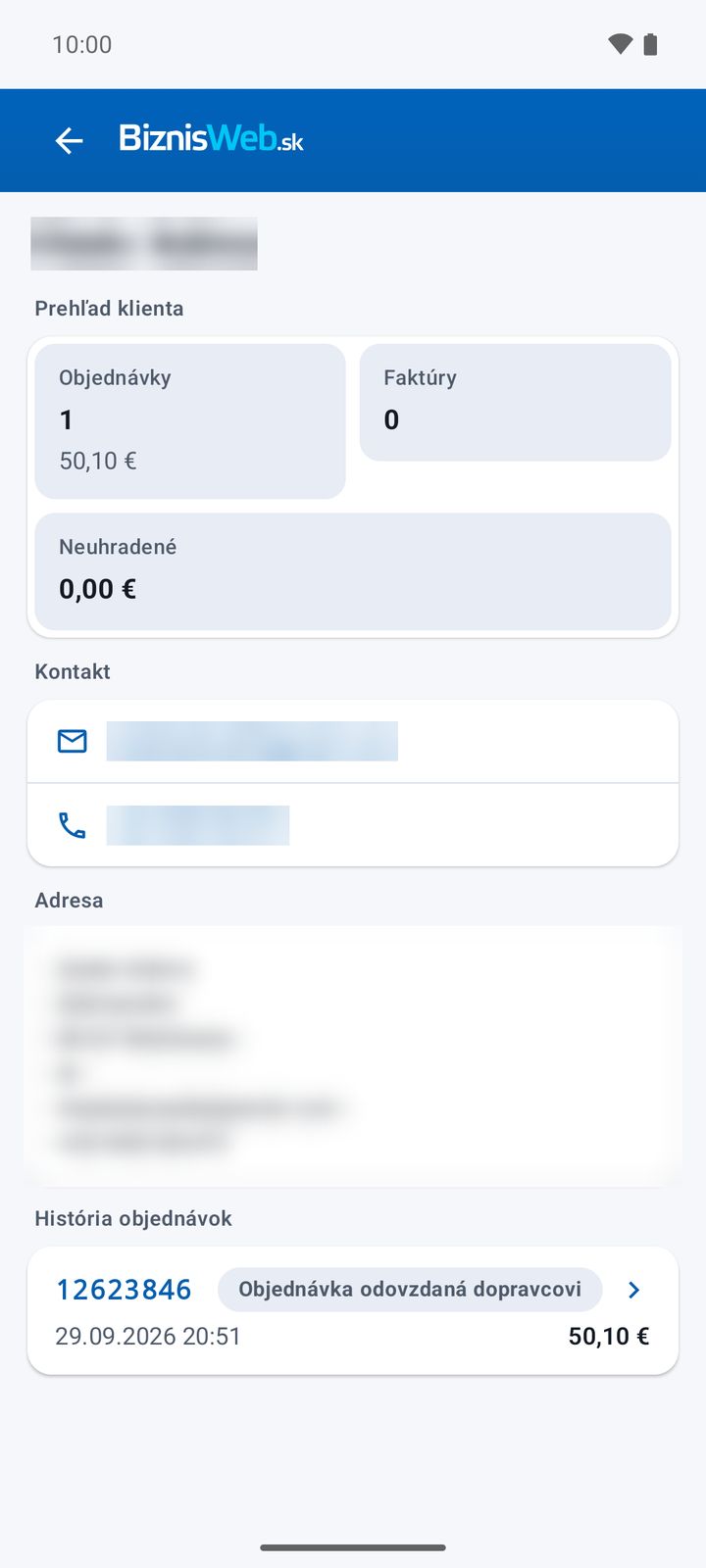 Prehľad klienta – objednávky, faktúry, kontakt