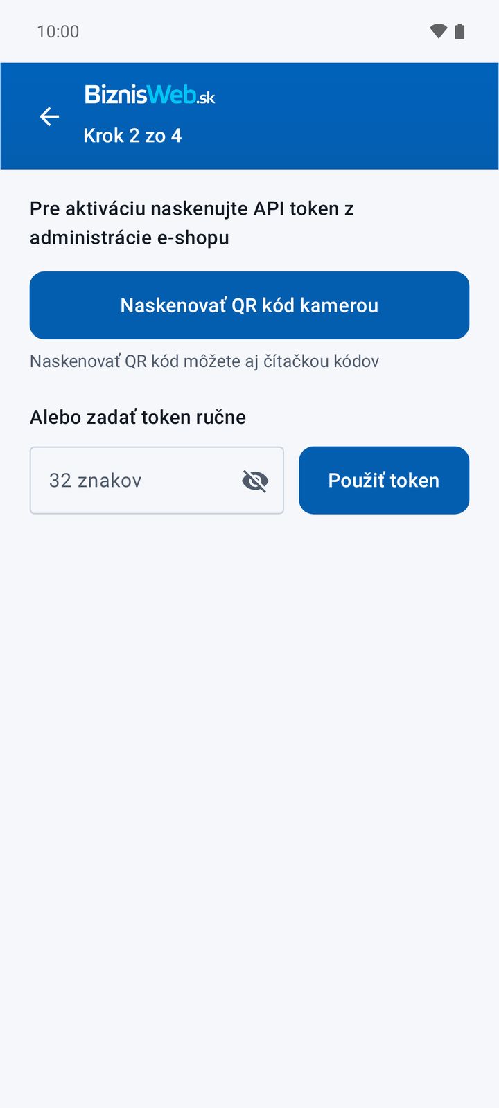 Aktivácia – načítanie QR kódu alebo zadanie tokenu