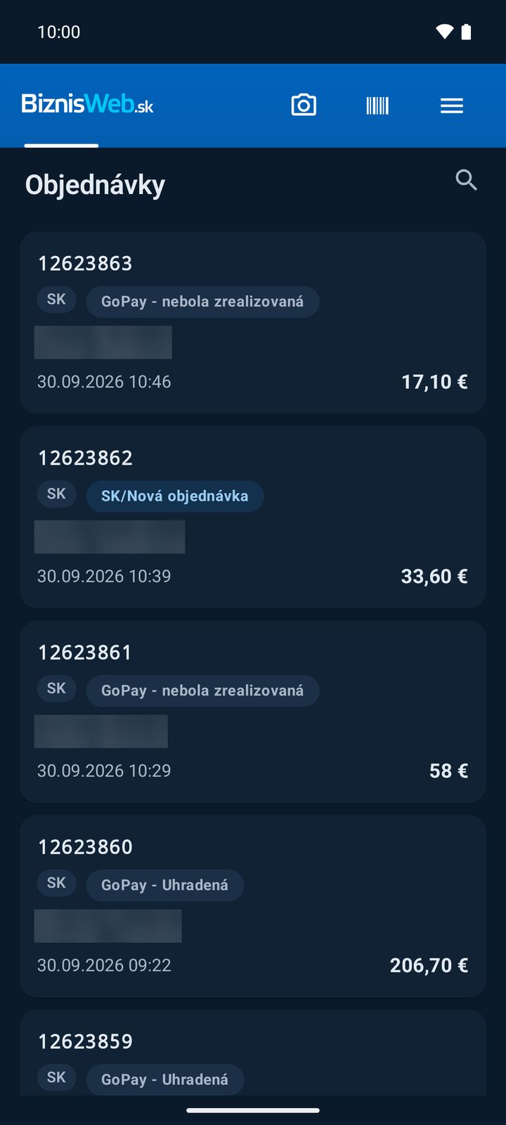 Objednávky v tmavom režime